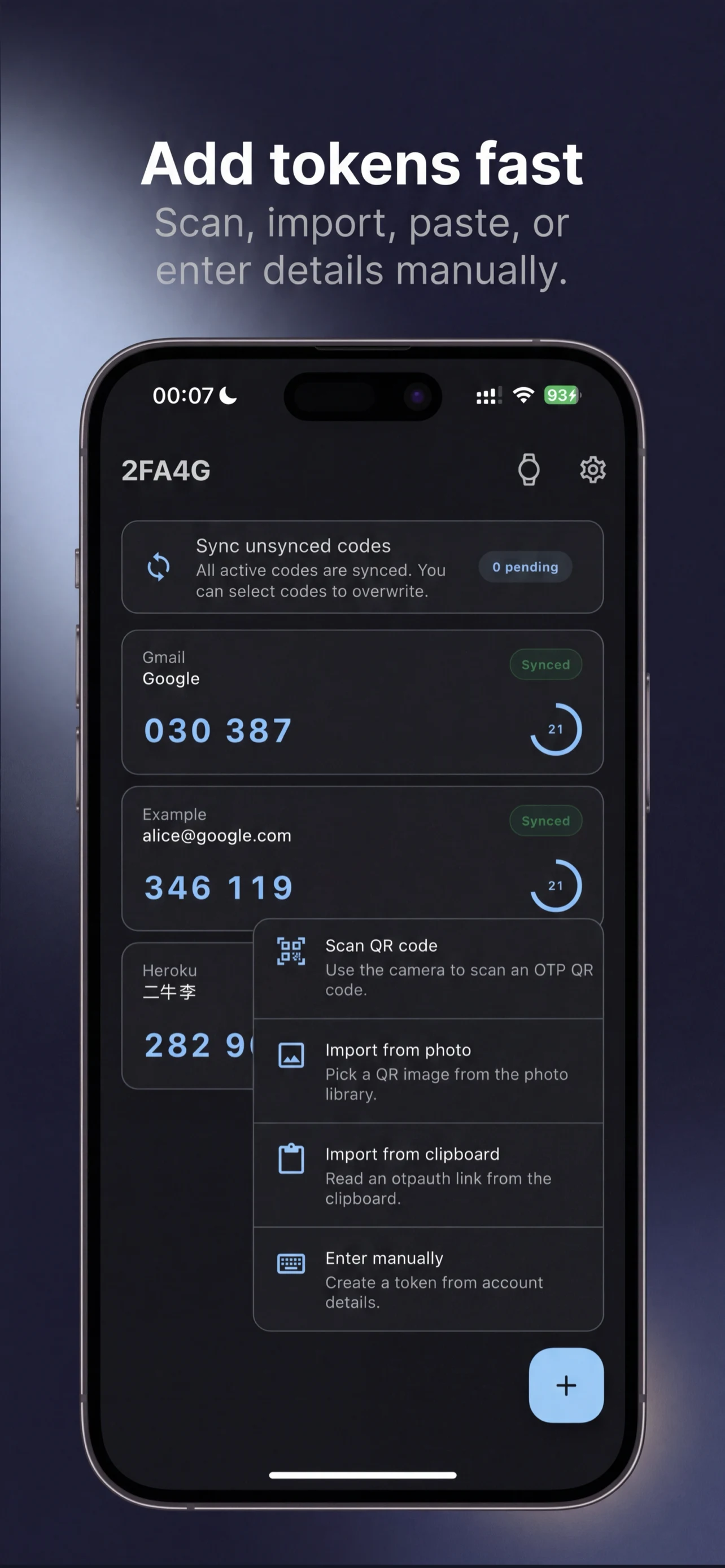 2FA4G app screen showing ways to add a new OTP token