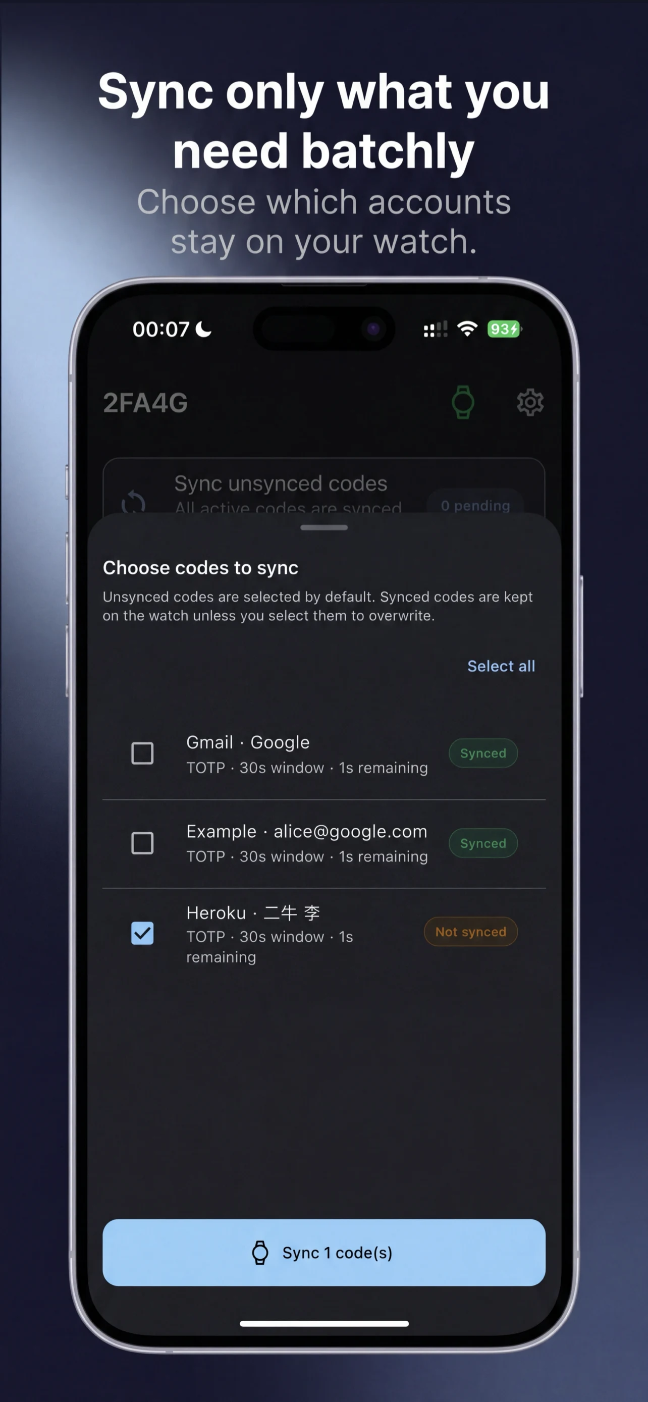 2FA4G app screen showing selective OTP sync choices for Garmin watch