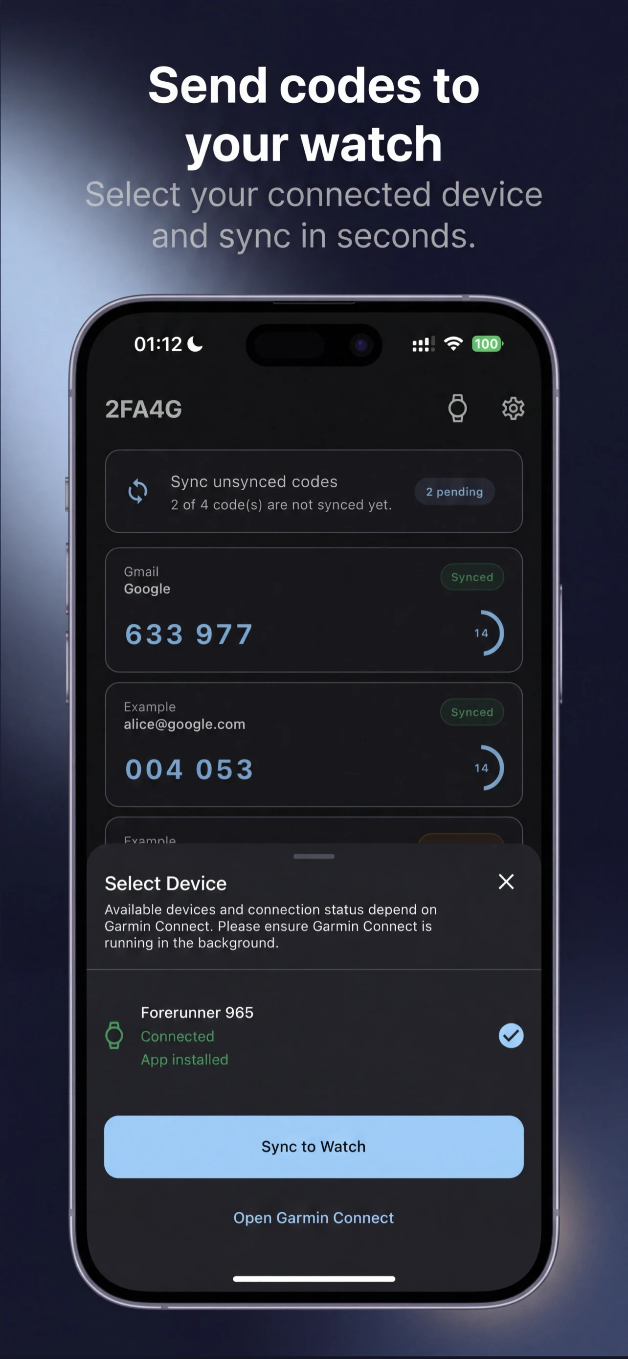 2FA4G app screen showing Garmin device selection and sync to watch